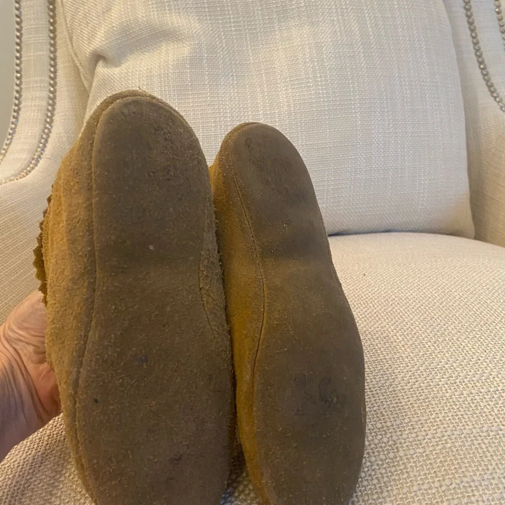 Handmade Kids Fur ans Suede Mocossins / Tan and Brown /Tie/ Custom /Size 12